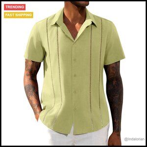 Linen Short Sleeve Cuban Guayabera Button Down Shirt Casual Summer Beach Wedding